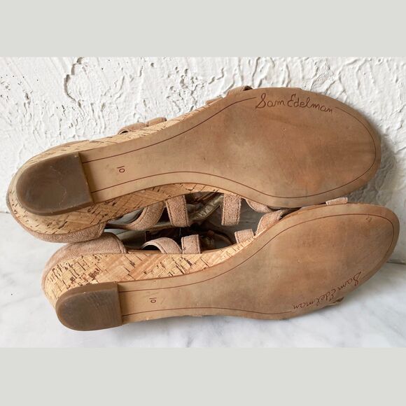 Sam Edelman Tan Gladiator Sandals Back Zip Low Cork Wedge Heel Women's 10 - Picture 7 of 9